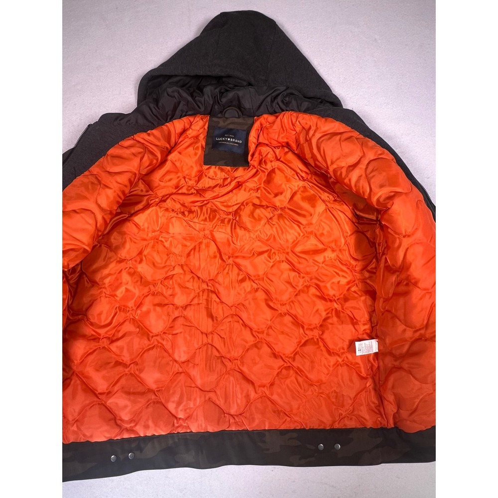 Lucky Brand Camo Hooded Field Jacket Mens XL Green Orange Excellent
